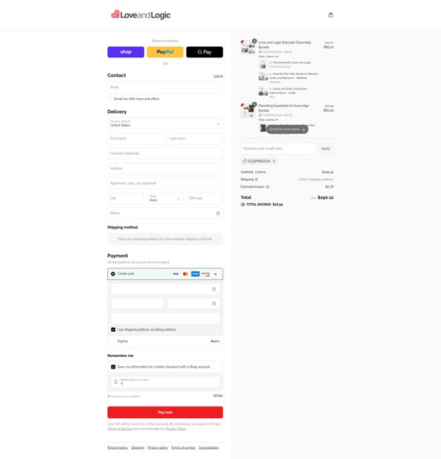 Love and Logic checkout page showing Love and Logic discount code box | Screenshot taken by SimplyCodes community member on Sep 8, 2025