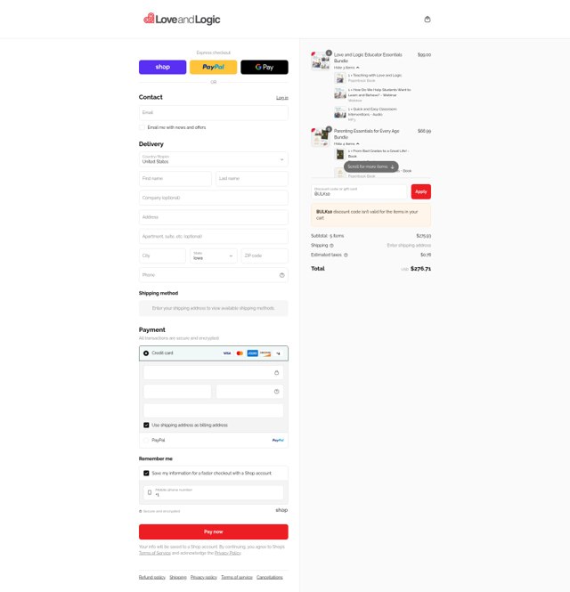 Love and Logic checkout page showing Love and Logic discount code box | Screenshot taken by SimplyCodes community member on Sep 8, 2025