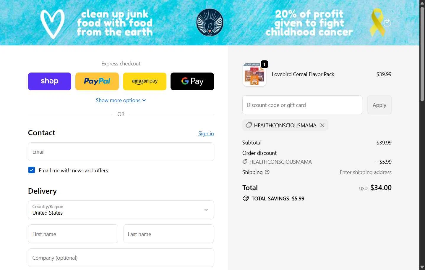 Lovebird Cereal checkout page showing Lovebird Cereal discount code box | Screenshot taken by SimplyCodes community member on Feb 4, 2026