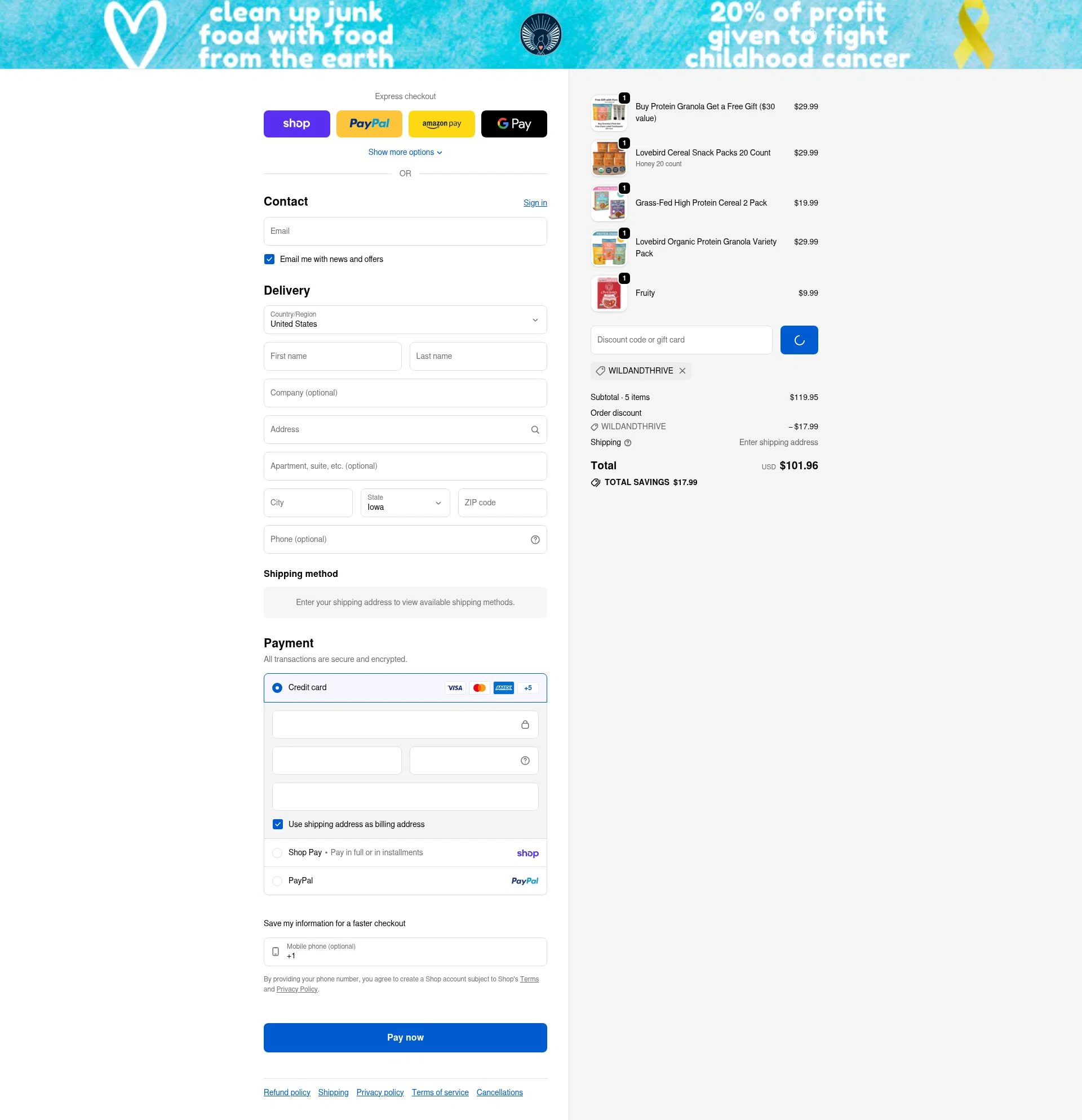 Lovebird Cereal checkout page showing Lovebird Cereal discount code box | Screenshot taken by SimplyCodes community member on Feb 4, 2026