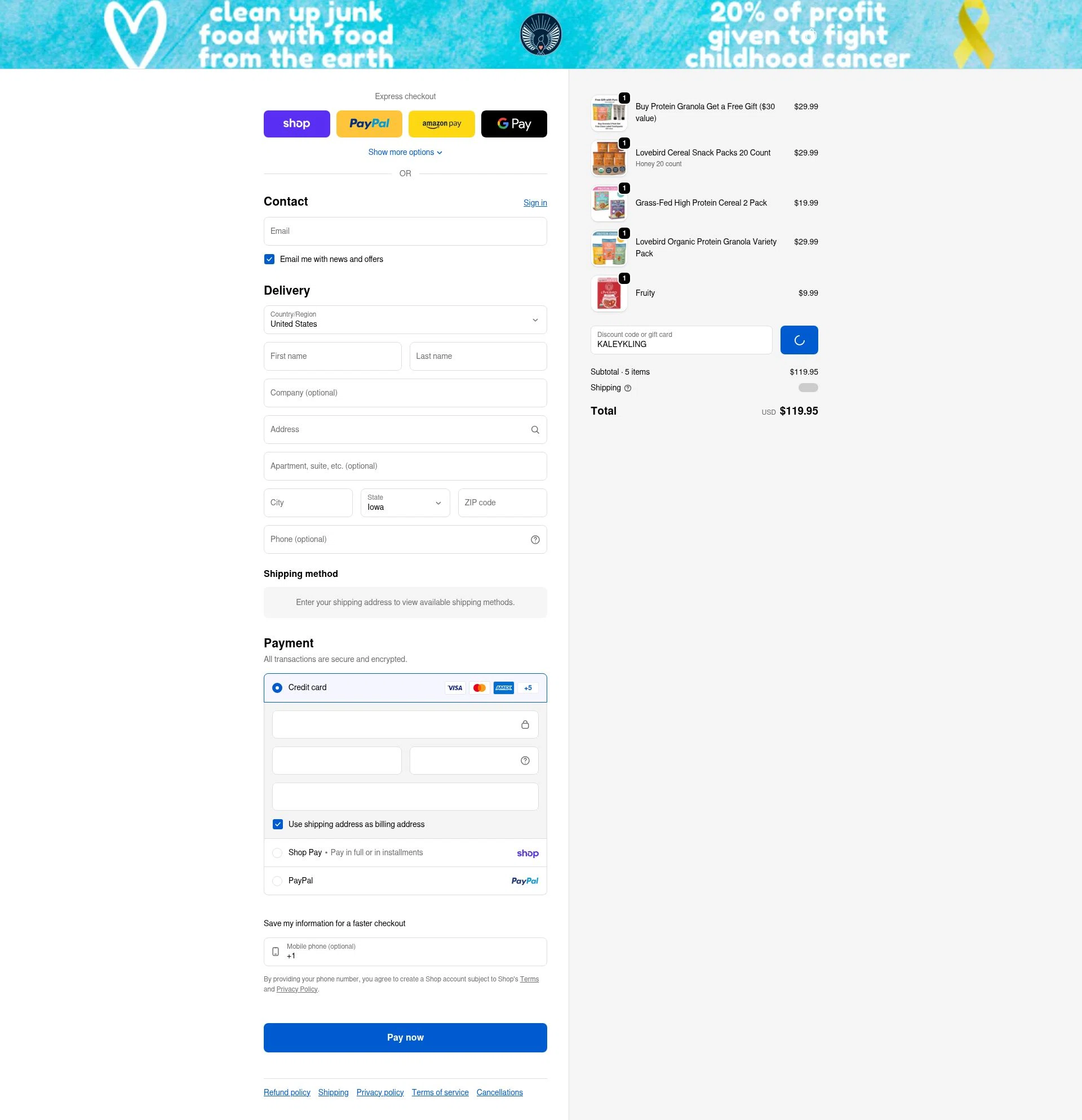 Lovebird Cereal checkout page showing Lovebird Cereal discount code box | Screenshot taken by SimplyCodes community member on Feb 4, 2026
