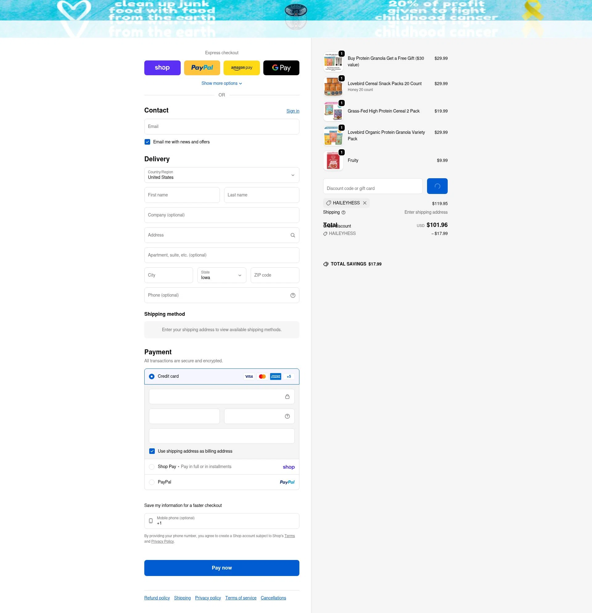 Lovebird Cereal checkout page showing Lovebird Cereal discount code box | Screenshot taken by SimplyCodes community member on Feb 4, 2026