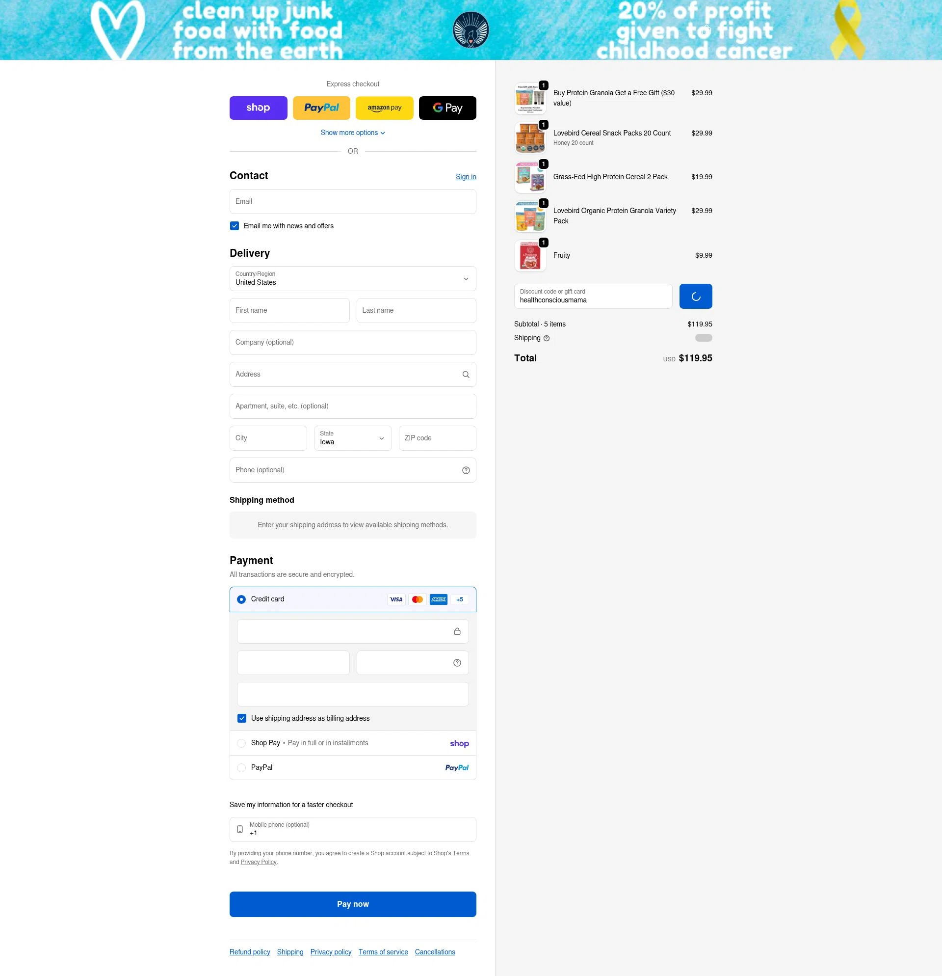Lovebird Cereal checkout page showing Lovebird Cereal discount code box | Screenshot taken by SimplyCodes community member on Feb 4, 2026