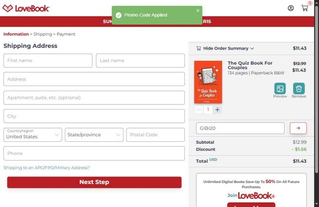 LoveBook Online checkout page showing LoveBook Online coupon code box | Screenshot taken by SimplyCodes community member on Jul 4, 2025