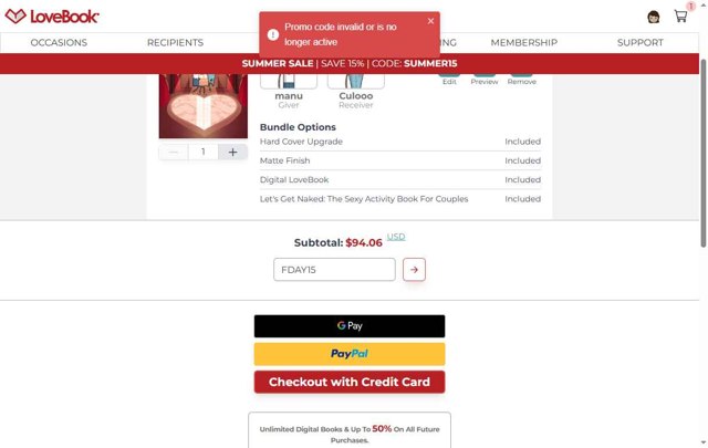 LoveBook Online checkout page showing LoveBook Online coupon code box | Screenshot taken by SimplyCodes community member on Jul 20, 2025