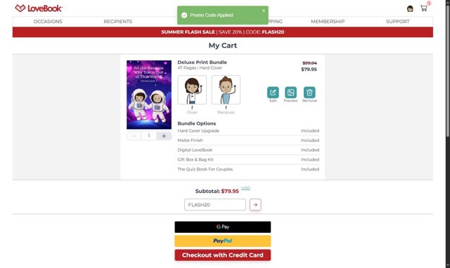 LoveBook Online checkout page showing LoveBook Online coupon code box | Screenshot taken by SimplyCodes community member on Aug 28, 2025