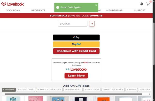 LoveBook Online checkout page showing LoveBook Online coupon code box | Screenshot taken by SimplyCodes community member on Jul 19, 2025