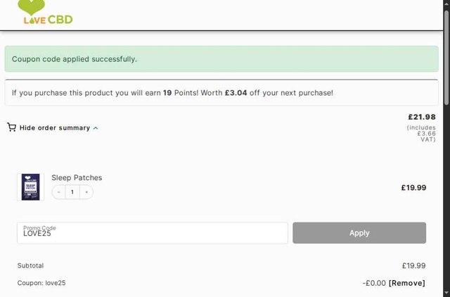 Love CBD checkout page showing Love CBD promo code box | Screenshot taken by SimplyCodes community member on Aug 4, 2025
