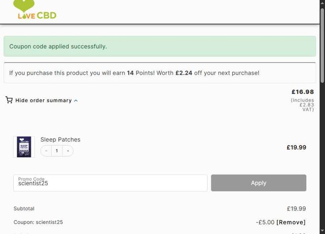 Love CBD checkout page showing Love CBD promo code box | Screenshot taken by SimplyCodes community member on Aug 18, 2025