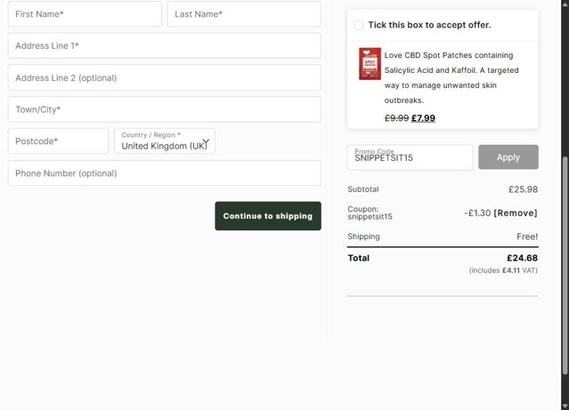 Love CBD checkout page showing Love CBD promo code box | Screenshot taken by SimplyCodes community member on Aug 24, 2025