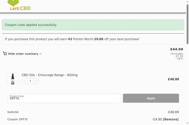 Love CBD checkout page showing Love CBD promo code box | Screenshot taken by SimplyCodes community member on Sep 7, 2025