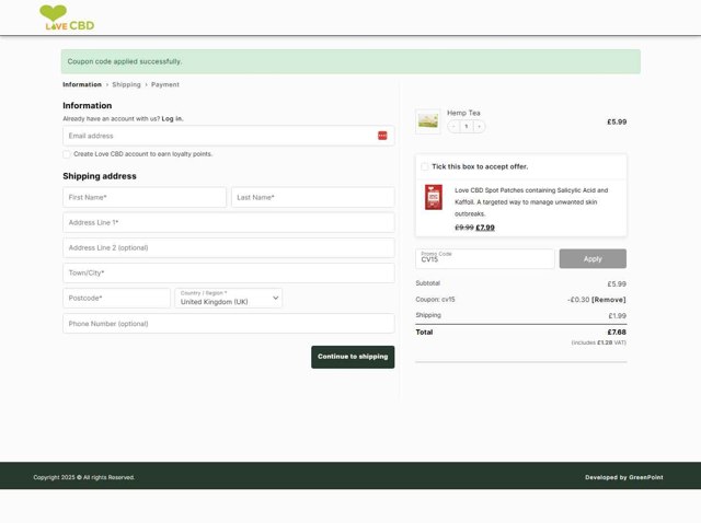 Love CBD checkout page showing Love CBD promo code box | Screenshot taken by SimplyCodes community member on Aug 19, 2025