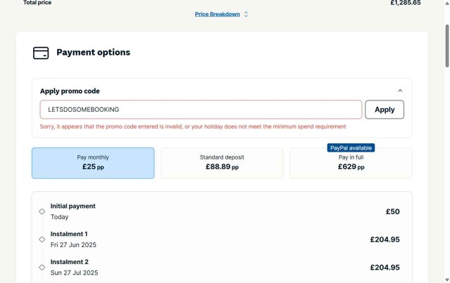 Loveholidays checkout page showing Loveholidays coupon code box | Screenshot taken by SimplyCodes community member on May 27, 2025