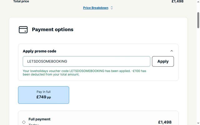 Loveholidays checkout page showing Loveholidays coupon code box | Screenshot taken by SimplyCodes community member on Apr 28, 2025