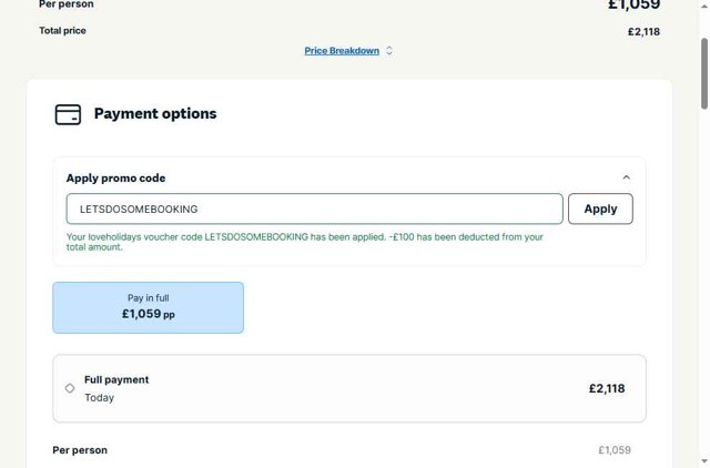 Loveholidays checkout page showing Loveholidays coupon code box | Screenshot taken by SimplyCodes community member on Apr 20, 2025