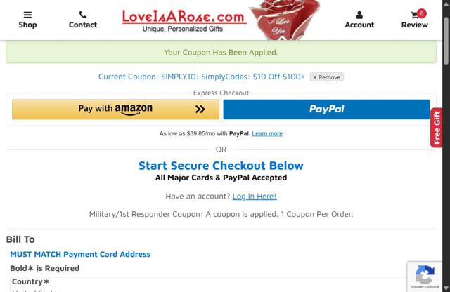 Love Is a Rose checkout page showing Love Is a Rose coupon code box | Screenshot taken by SimplyCodes community member on Jun 17, 2025