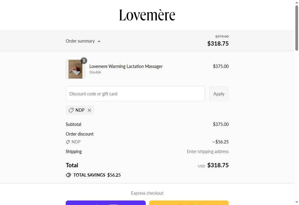 Lovemere checkout page showing Lovemere discount code box | Screenshot taken by SimplyCodes community member on Aug 9, 2025
