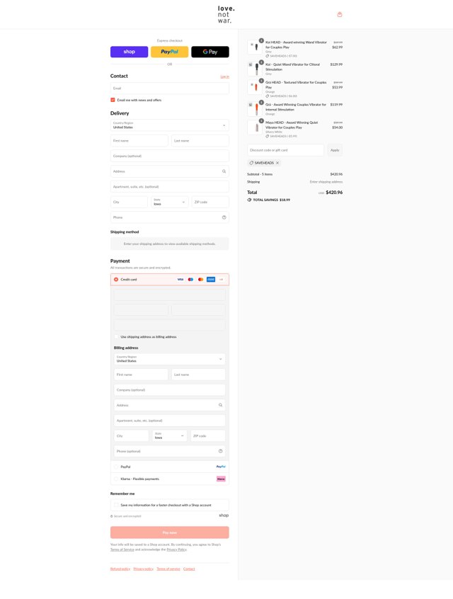 Love Not War checkout page showing Love Not War promo code box | Screenshot taken by SimplyCodes community member on Sep 3, 2025