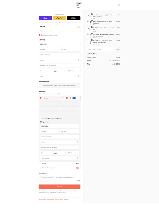 Love Not War checkout page showing Love Not War promo code box | Screenshot taken by SimplyCodes community member on Sep 3, 2025