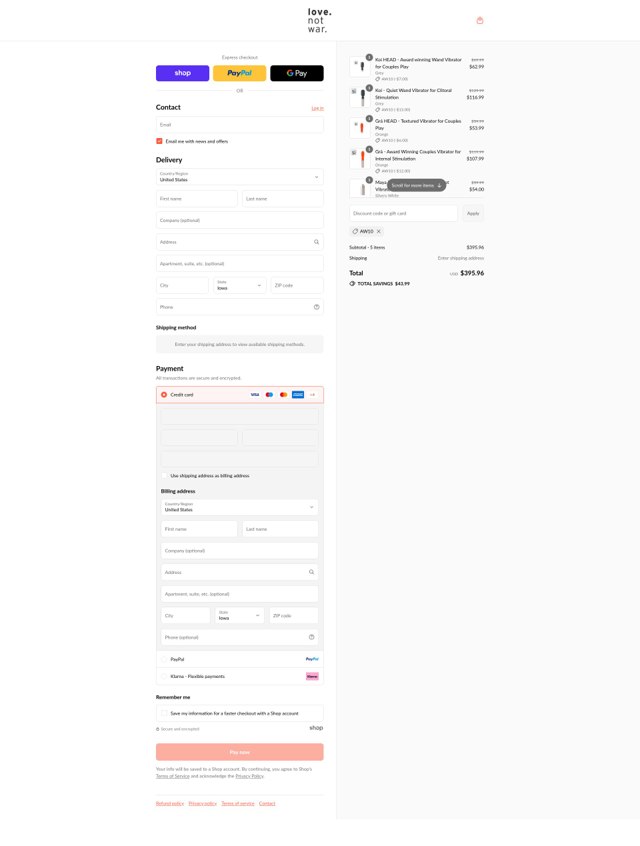 Love Not War checkout page showing Love Not War promo code box | Screenshot taken by SimplyCodes community member on Aug 30, 2025