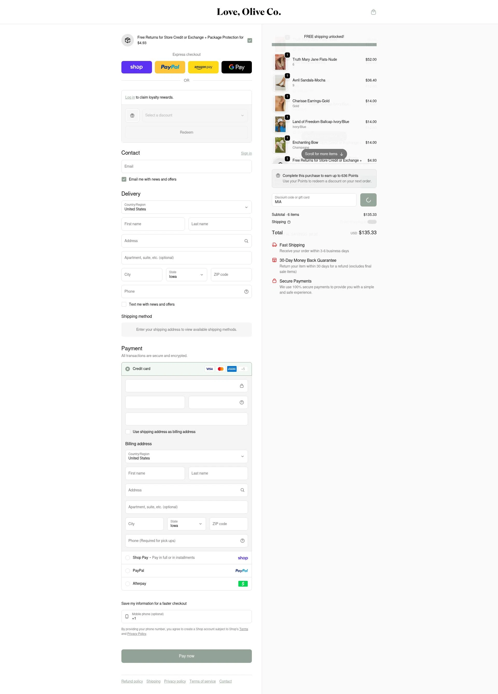 Love Olive Co checkout page showing Love Olive Co discount code box | Screenshot taken by SimplyCodes community member on Feb 20, 2026