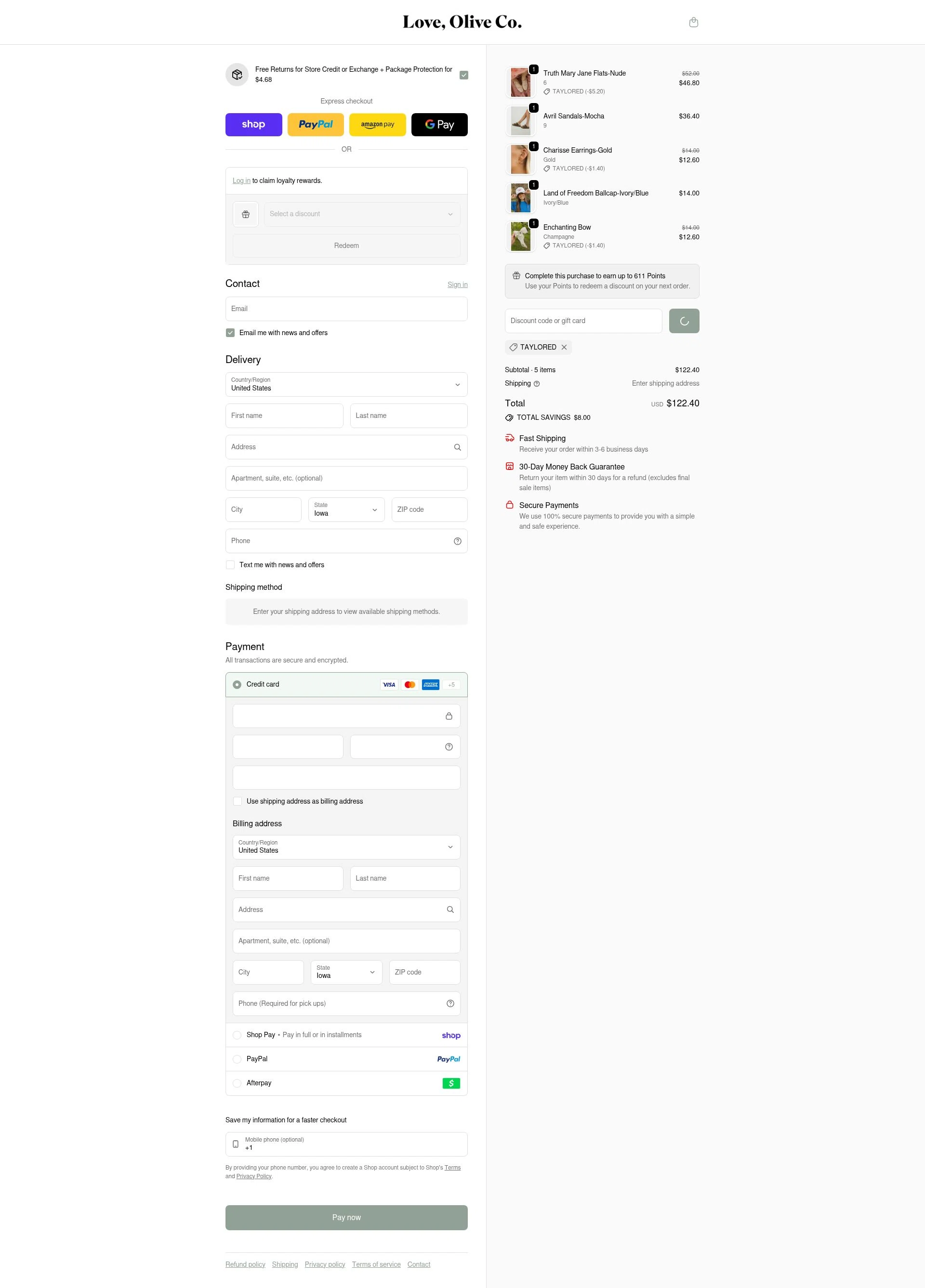 Love Olive Co checkout page showing Love Olive Co discount code box | Screenshot taken by SimplyCodes community member on Feb 20, 2026
