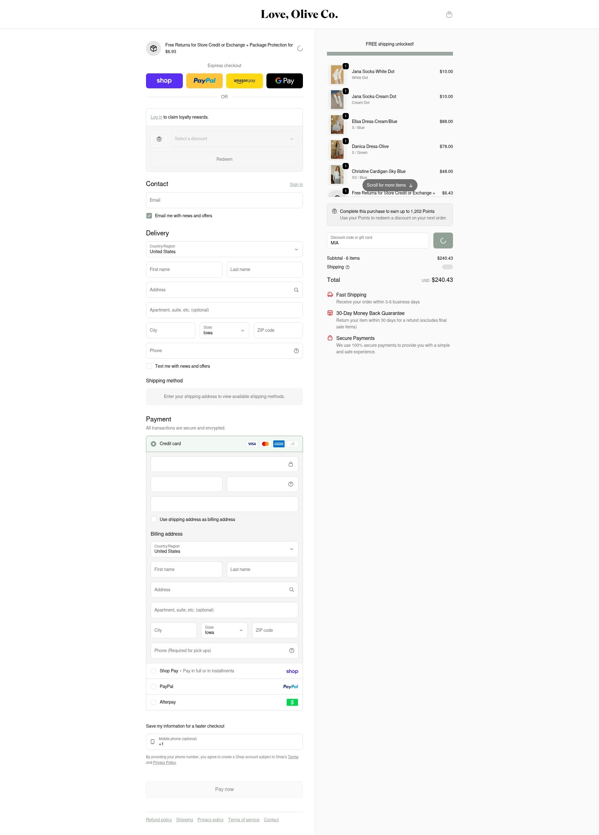Love Olive Co checkout page showing Love Olive Co discount code box | Screenshot taken by SimplyCodes community member on Feb 12, 2026