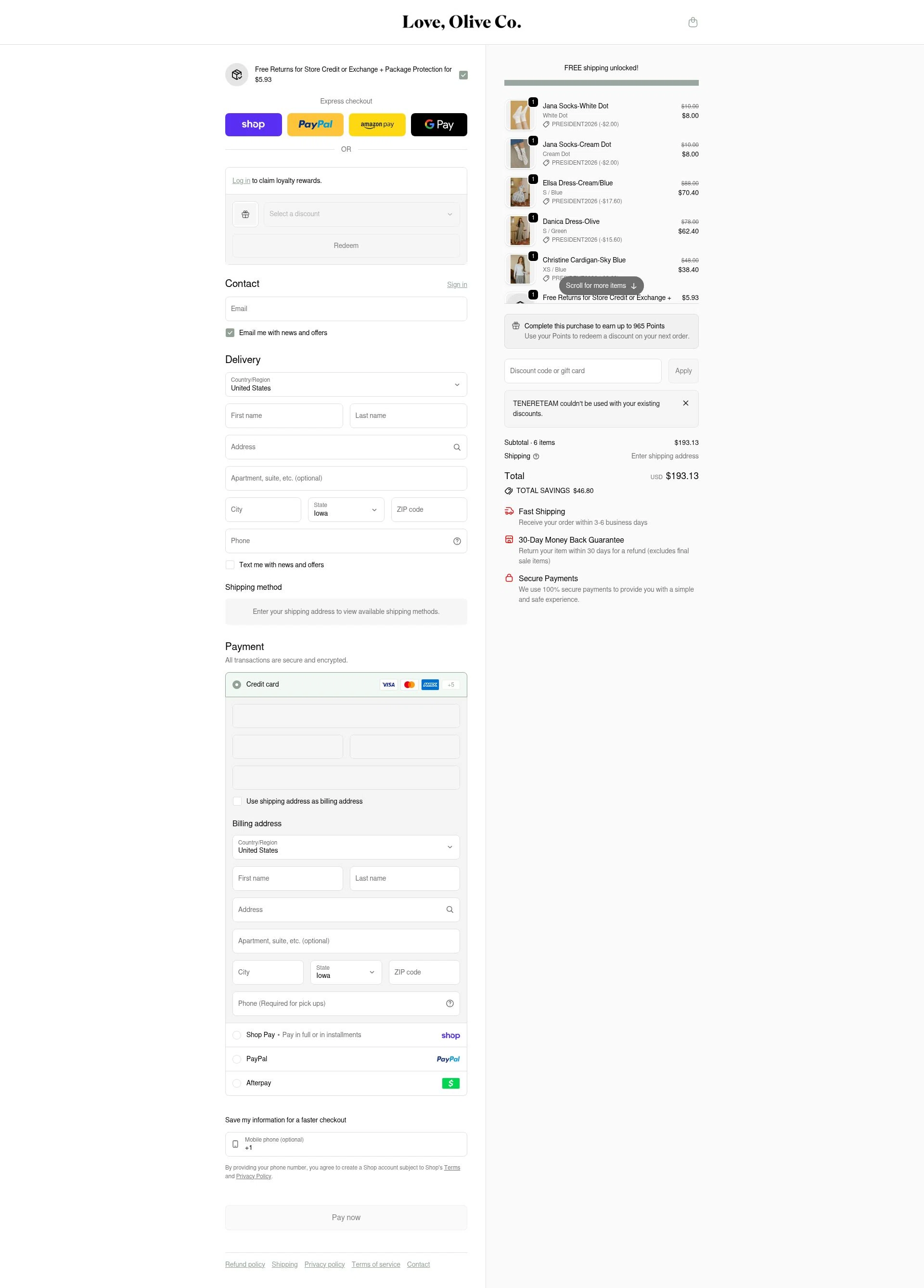 Love Olive Co checkout page showing Love Olive Co discount code box | Screenshot taken by SimplyCodes community member on Feb 16, 2026