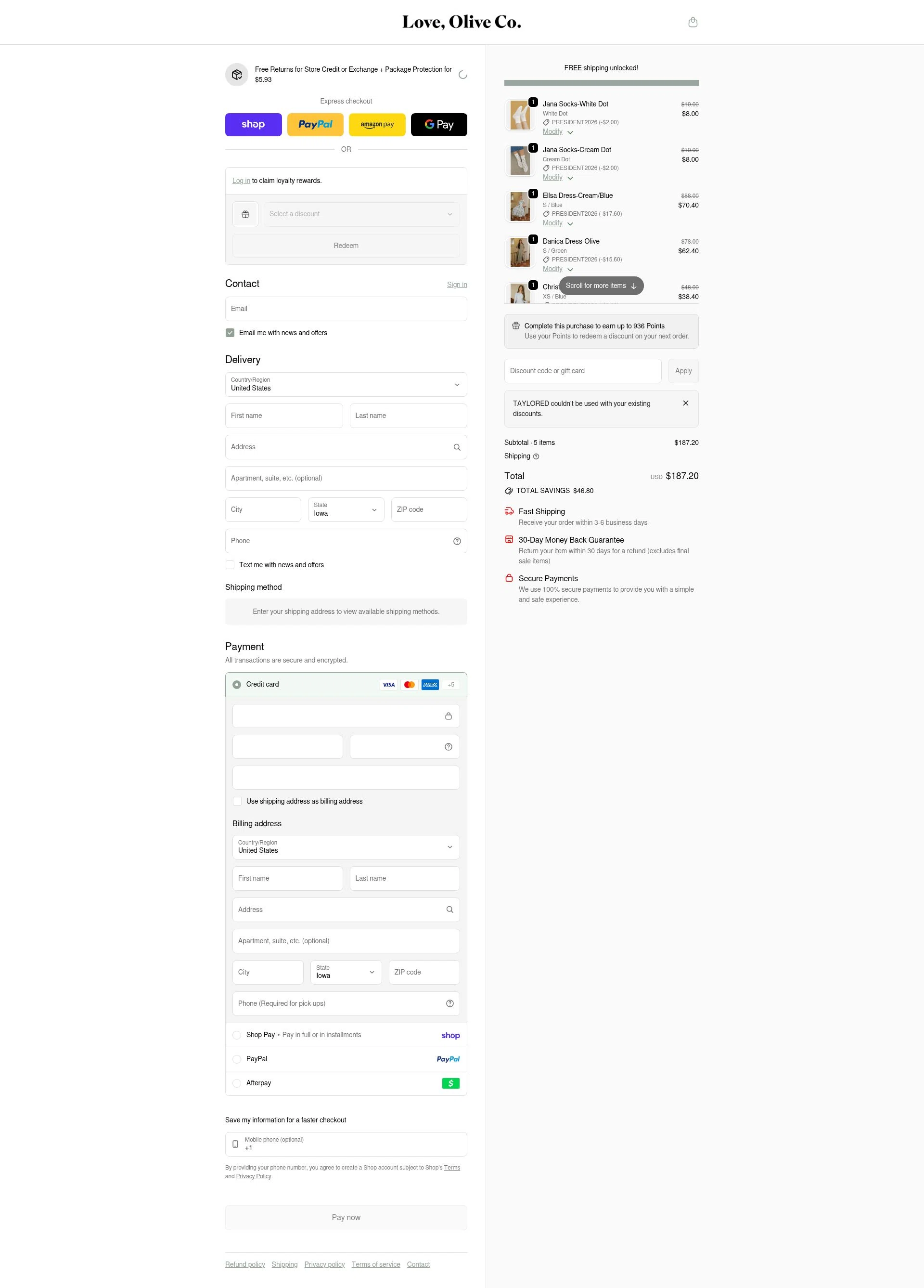 Love Olive Co checkout page showing Love Olive Co discount code box | Screenshot taken by SimplyCodes community member on Feb 16, 2026
