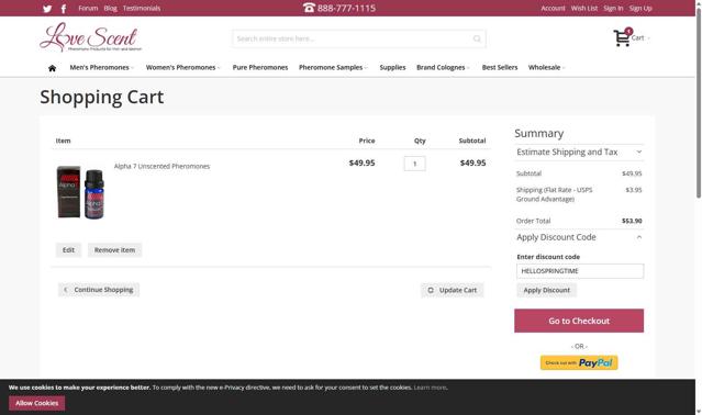 Love Scent checkout page showing Love Scent coupon code box | Screenshot taken by SimplyCodes community member on Aug 11, 2025