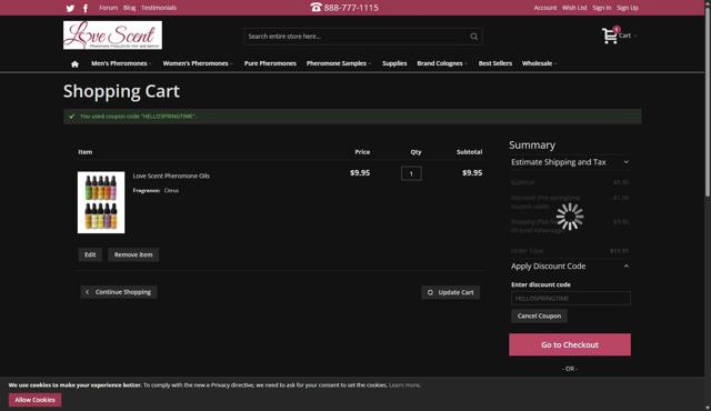 Love Scent checkout page showing Love Scent coupon code box | Screenshot taken by SimplyCodes community member on Jul 13, 2025