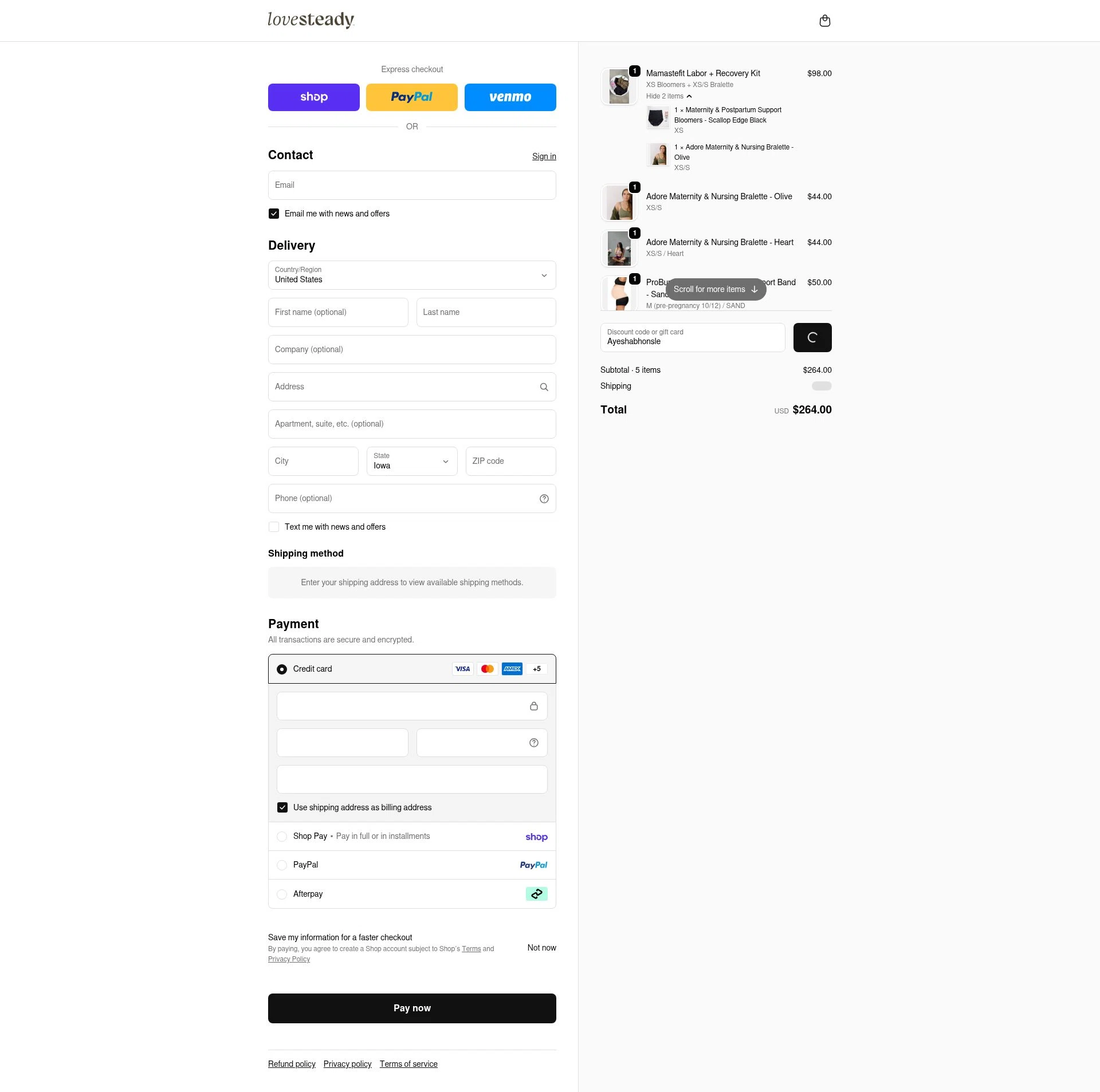 LoveSteady checkout page showing LoveSteady discount code box | Screenshot taken by SimplyCodes community member on Feb 18, 2026