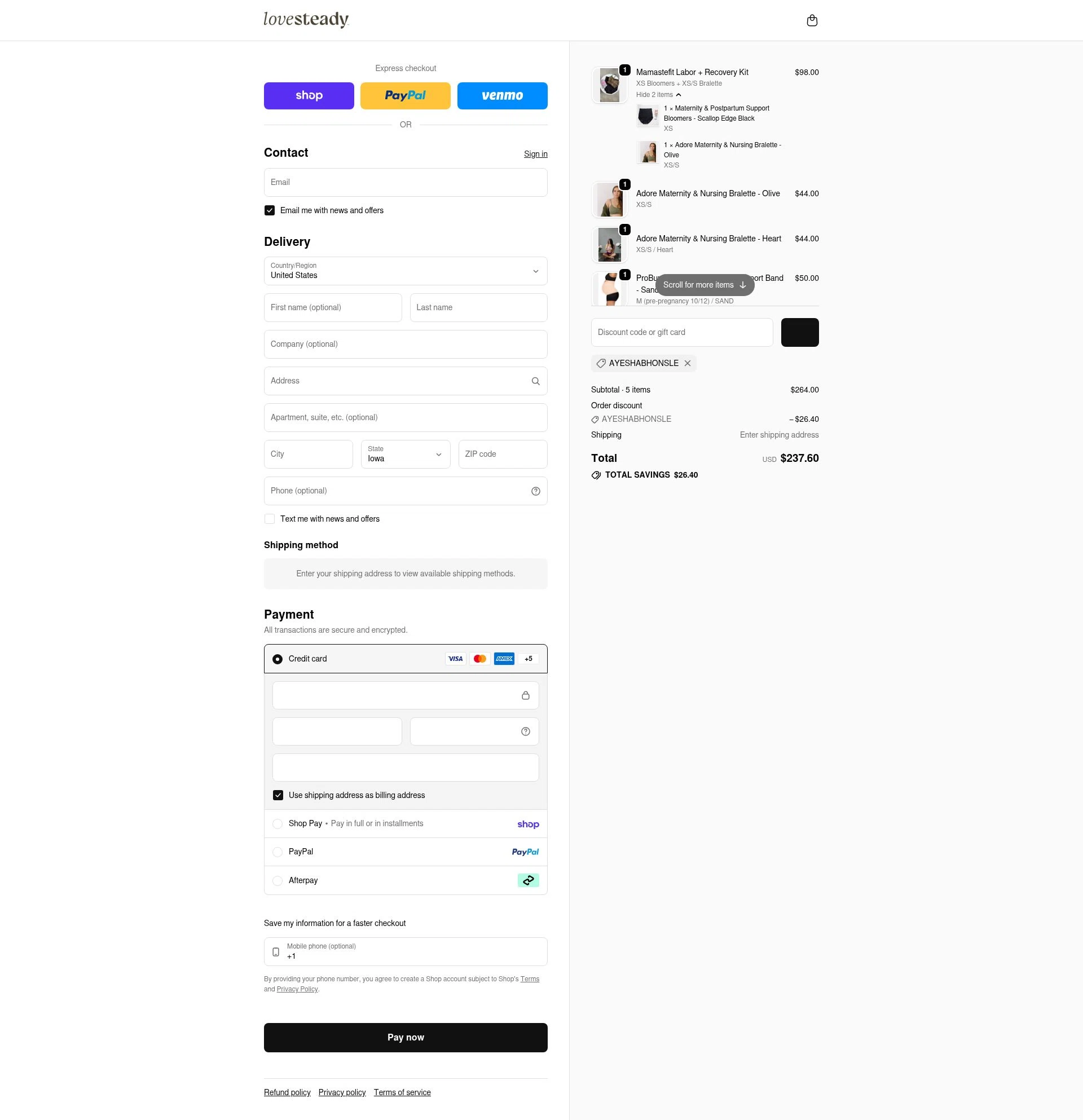 LoveSteady checkout page showing LoveSteady discount code box | Screenshot taken by SimplyCodes community member on Feb 14, 2026