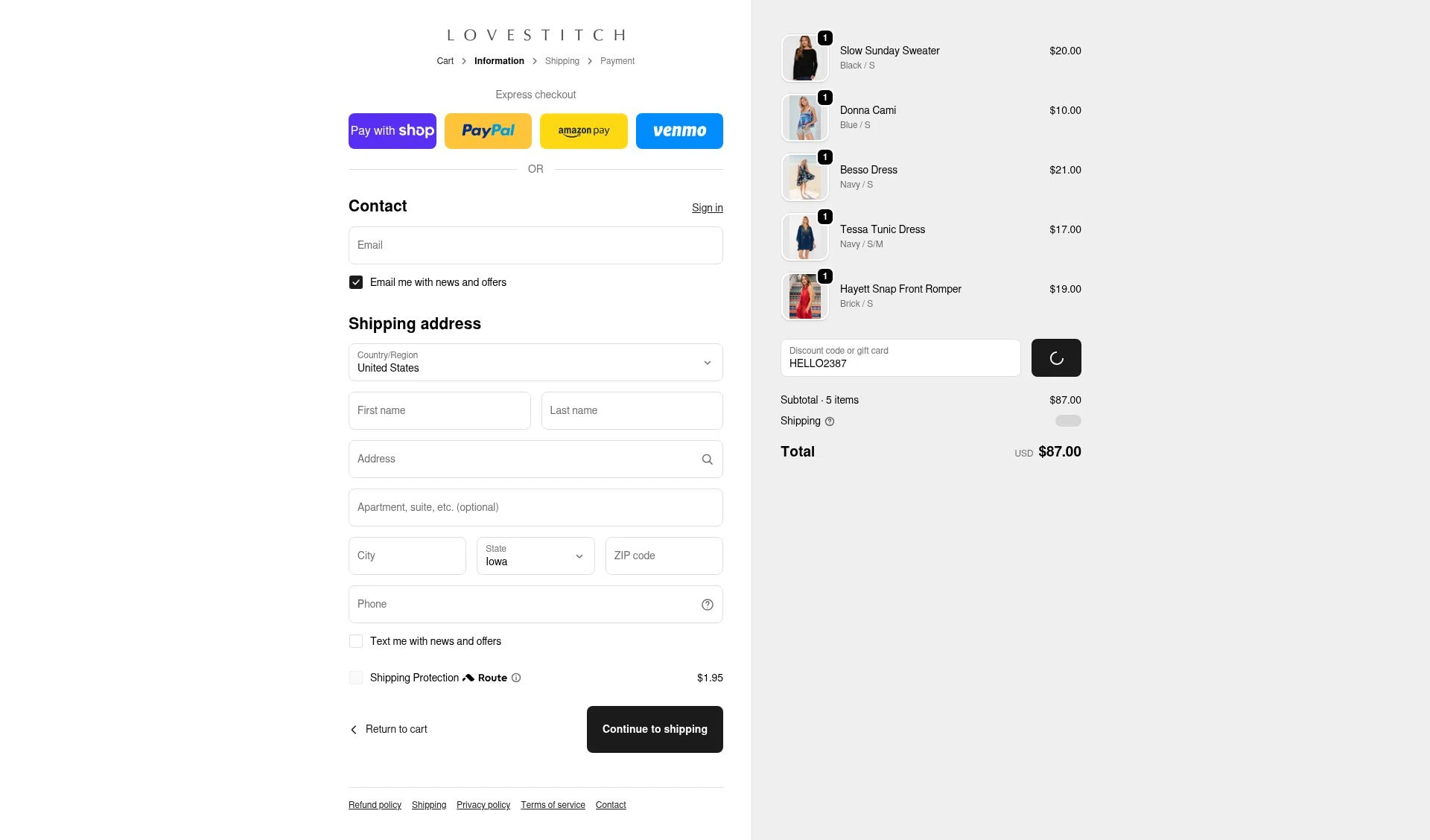 Lovestitch checkout page showing Lovestitch coupon code box | Screenshot taken by SimplyCodes community member on Jan 7, 2026
