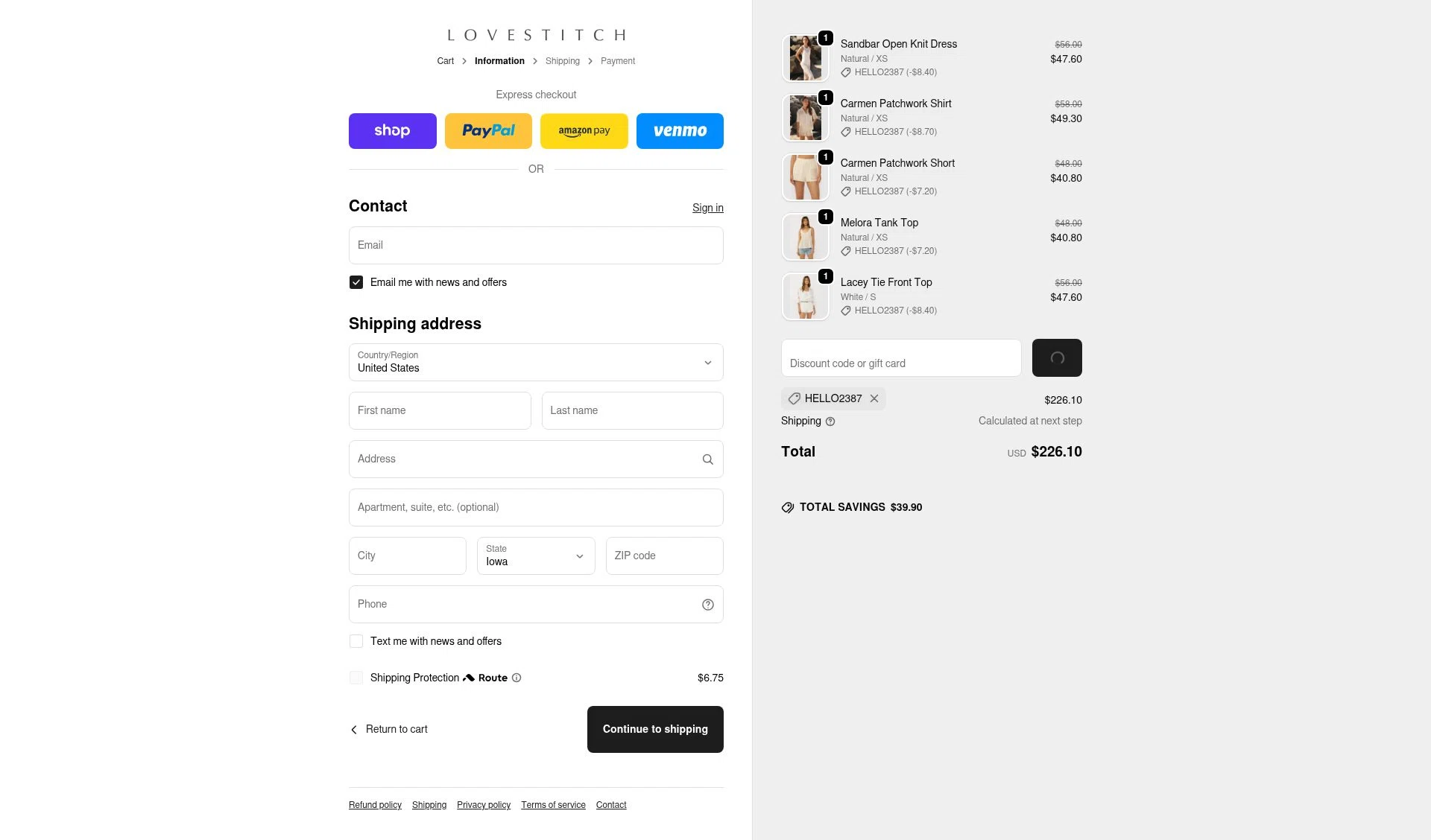 Lovestitch checkout page showing Lovestitch coupon code box | Screenshot taken by SimplyCodes community member on Feb 13, 2026