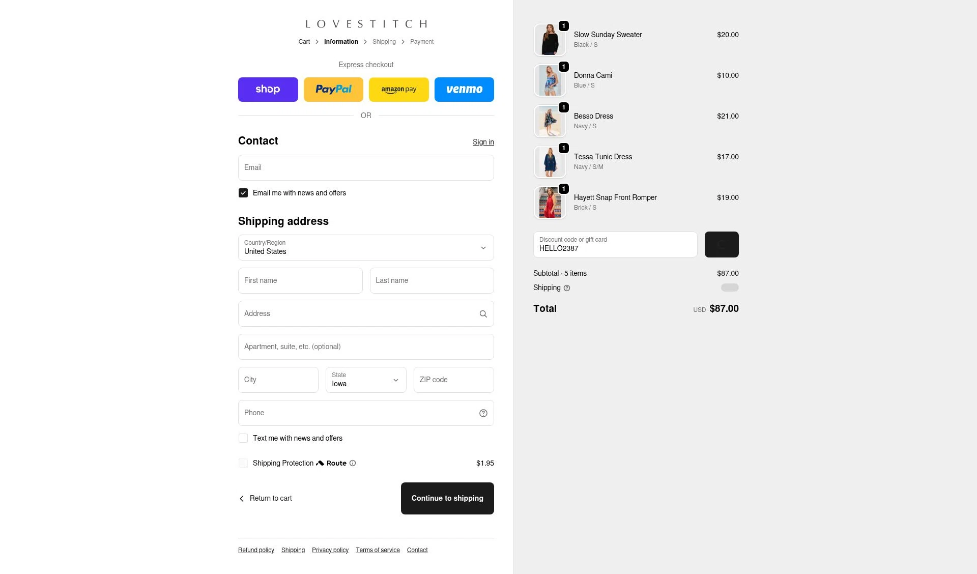 Lovestitch checkout page showing Lovestitch coupon code box | Screenshot taken by SimplyCodes community member on Jan 22, 2026