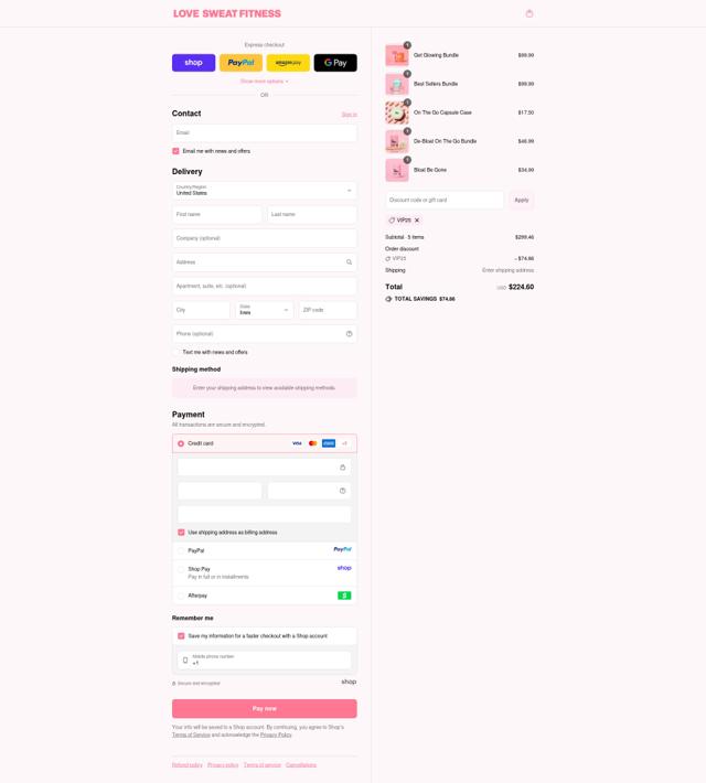 Love Sweat Fitness checkout page showing Love Sweat Fitness promo code box | Screenshot taken by SimplyCodes community member on Sep 14, 2025
