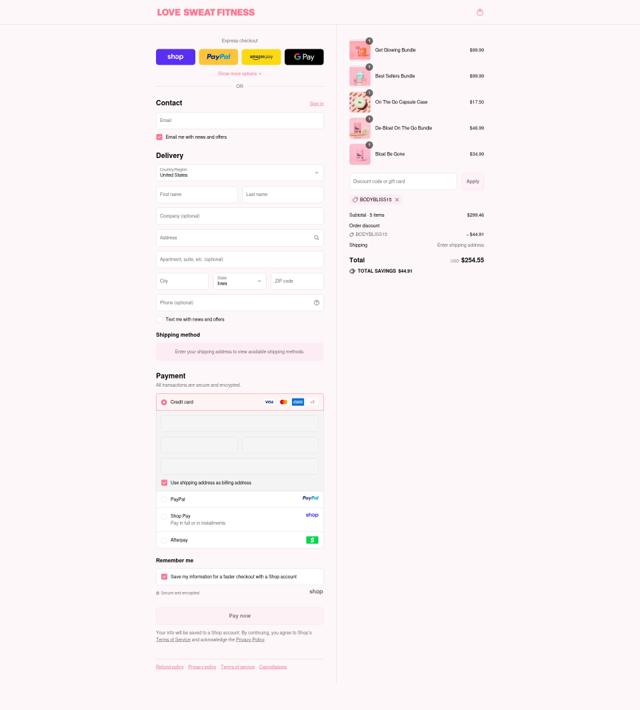 Love Sweat Fitness checkout page showing Love Sweat Fitness promo code box | Screenshot taken by SimplyCodes community member on Sep 14, 2025