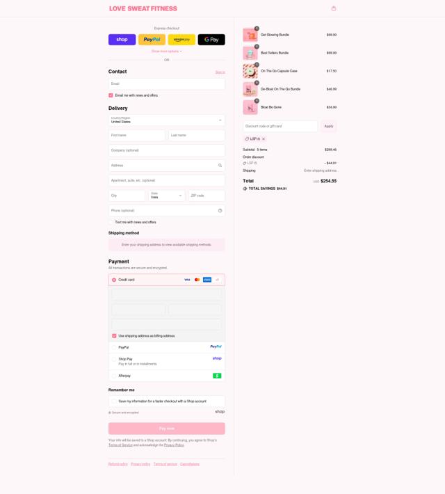 Love Sweat Fitness checkout page showing Love Sweat Fitness promo code box | Screenshot taken by SimplyCodes community member on Sep 14, 2025