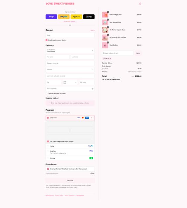 Love Sweat Fitness checkout page showing Love Sweat Fitness promo code box | Screenshot taken by SimplyCodes community member on Sep 14, 2025