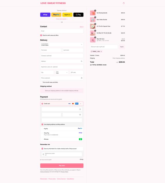 Love Sweat Fitness checkout page showing Love Sweat Fitness promo code box | Screenshot taken by SimplyCodes community member on Sep 14, 2025