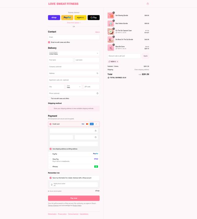 Love Sweat Fitness checkout page showing Love Sweat Fitness promo code box | Screenshot taken by SimplyCodes community member on Sep 14, 2025