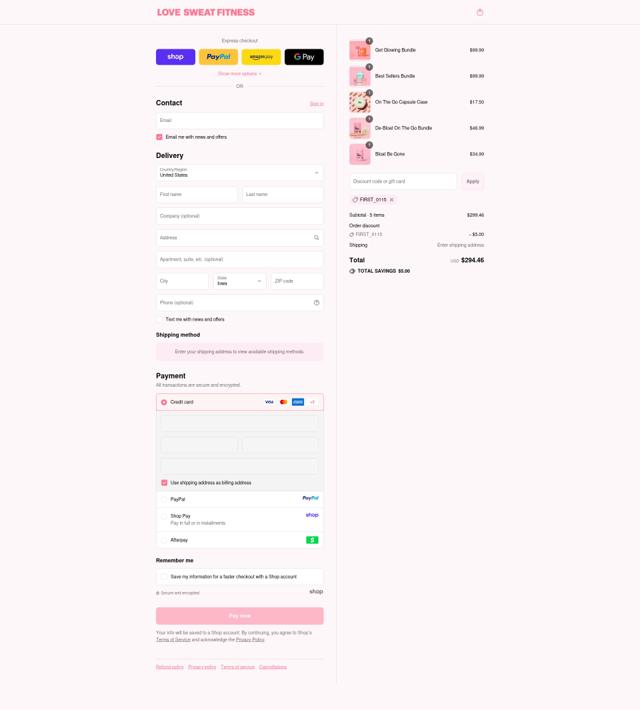 Love Sweat Fitness checkout page showing Love Sweat Fitness promo code box | Screenshot taken by SimplyCodes community member on Sep 14, 2025