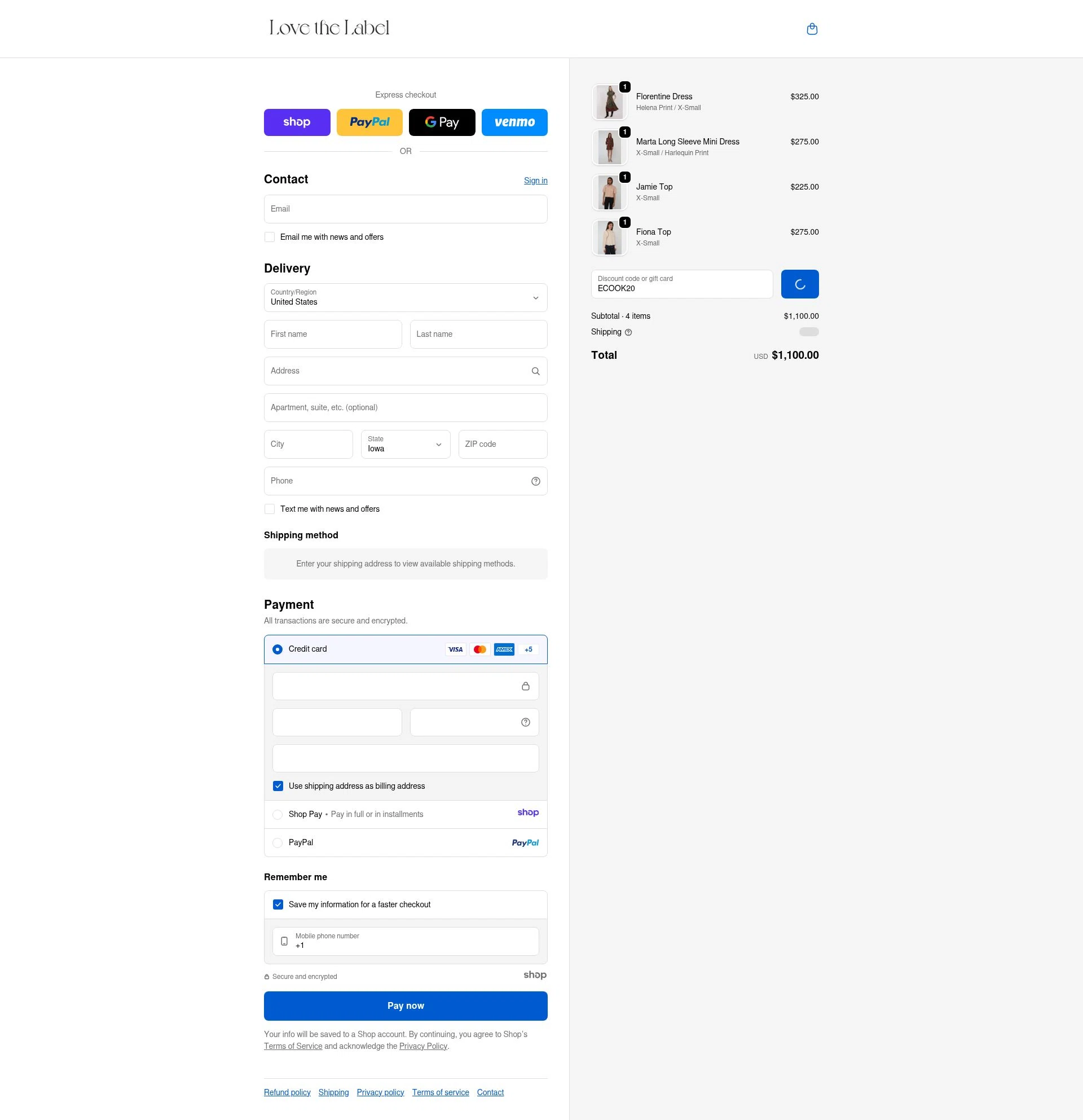 LOVE THE LABEL checkout page showing LOVE THE LABEL discount code box | Screenshot taken by SimplyCodes community member on Dec 31, 2025