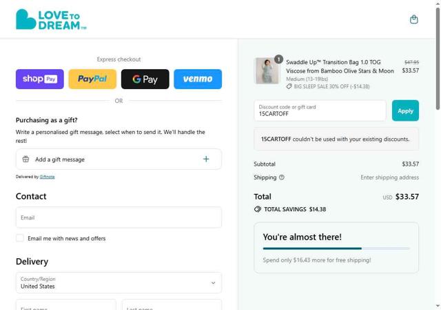 Love to Dream checkout page showing Love to Dream discount code box | Screenshot taken by SimplyCodes community member on Jul 13, 2025