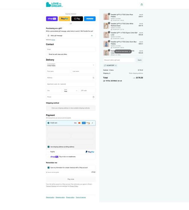 Love to Dream checkout page showing Love to Dream discount code box | Screenshot taken by SimplyCodes community member on Jul 10, 2025