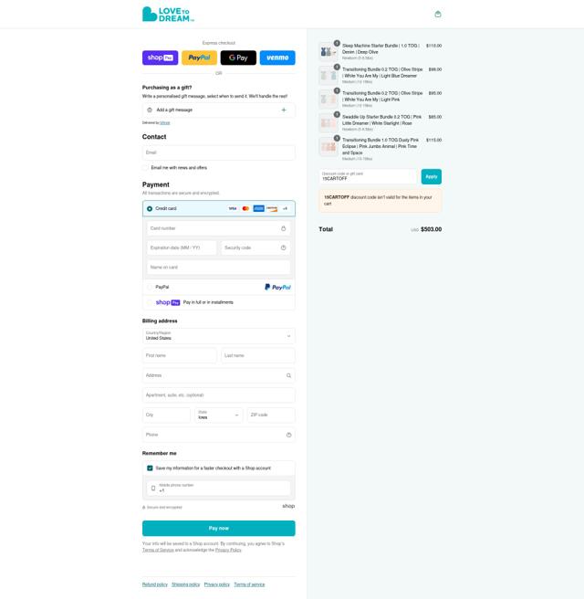 Love to Dream checkout page showing Love to Dream discount code box | Screenshot taken by SimplyCodes community member on Jul 4, 2025