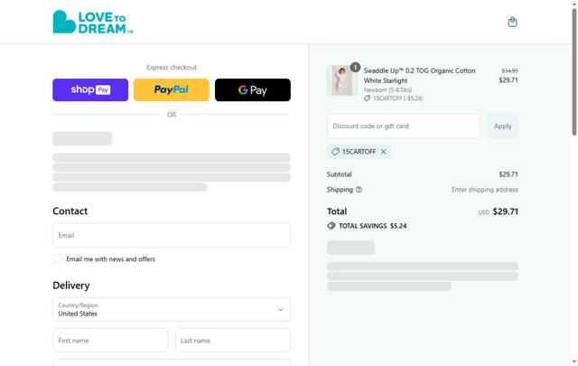 Love to Dream checkout page showing Love to Dream discount code box | Screenshot taken by SimplyCodes community member on Jul 5, 2025