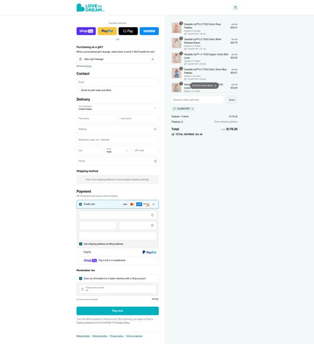 Love to Dream checkout page showing Love to Dream discount code box | Screenshot taken by SimplyCodes community member on Jul 14, 2025