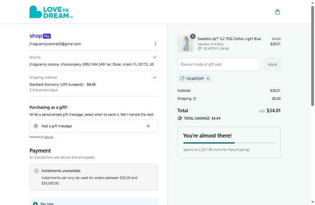 Love to Dream checkout page showing Love to Dream discount code box | Screenshot taken by SimplyCodes community member on Jul 2, 2025